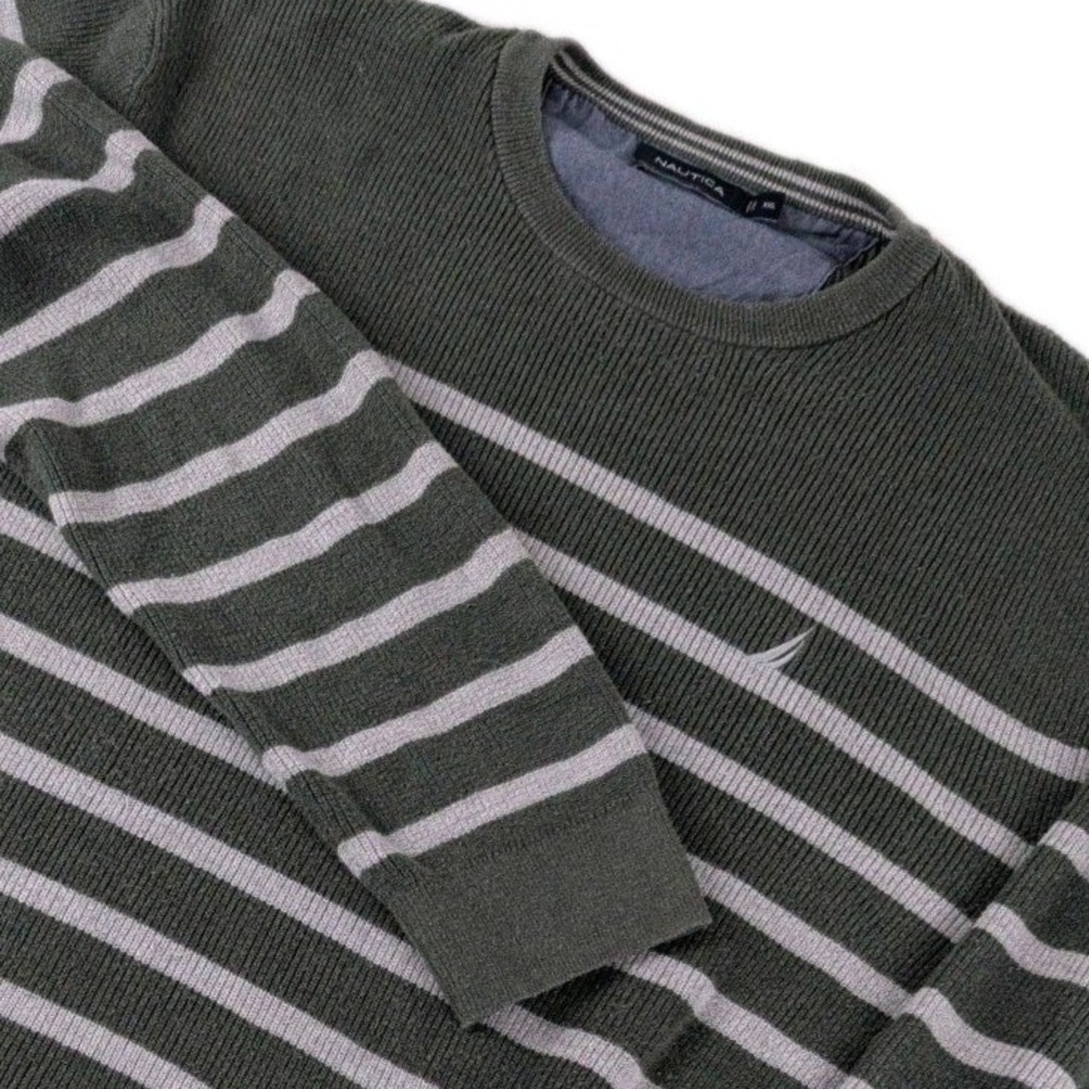 Nautica Navtech Mens XXL Olive Green Grey Striped Ribbed Crewneck Sweater